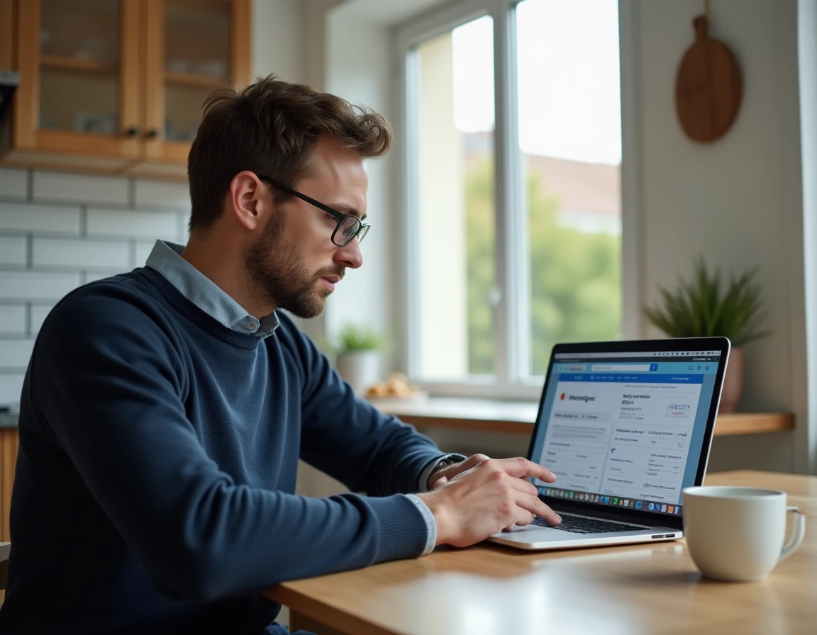 Homme consultant un test d'éligibilité fibre SFR sur un ordinateur portable dans une cuisine moderne