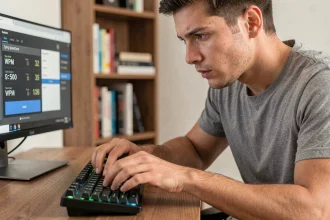 Homme concentré effectuant un test de rapidité sur clavier mécanique dans un bureau à domicile moderne