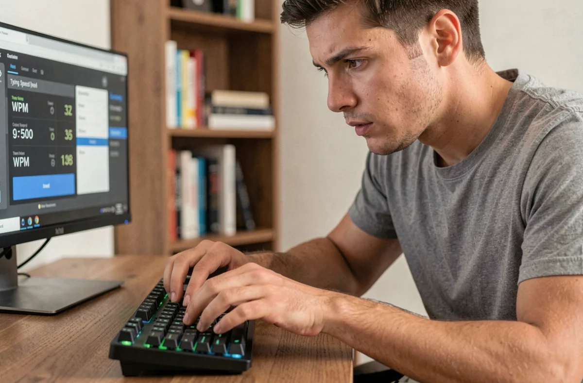 Homme concentré effectuant un test de rapidité sur clavier mécanique dans un bureau à domicile moderne
