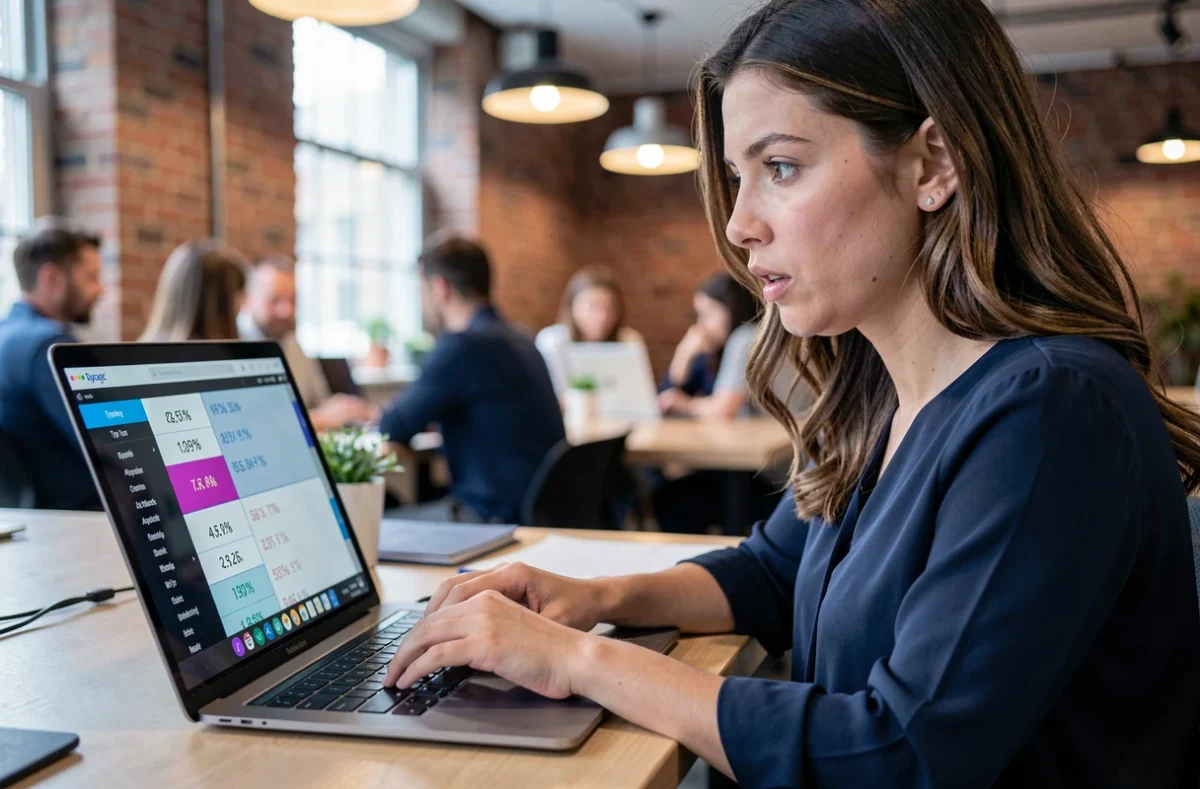 Femme pratiquant un test de vitesse de frappe sur ordinateur portable dans un espace de coworking