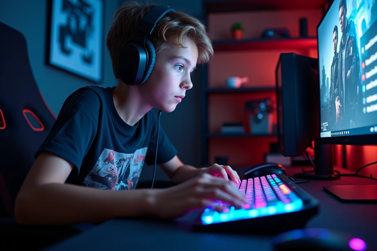 Adolescent gamer appuyant sur la touche Shift d'un clavier gaming RGB lors d'une partie