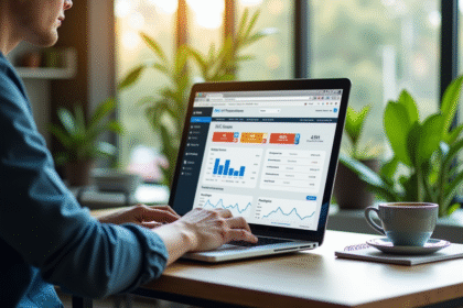 Personne travaillant sur un ordinateur portable dans un bureau lumineux