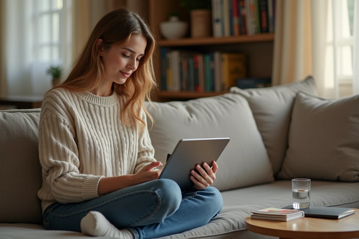 Jeune femme organisant ses emails sur une tablette depuis son canapé dans un salon chaleureux et confortable