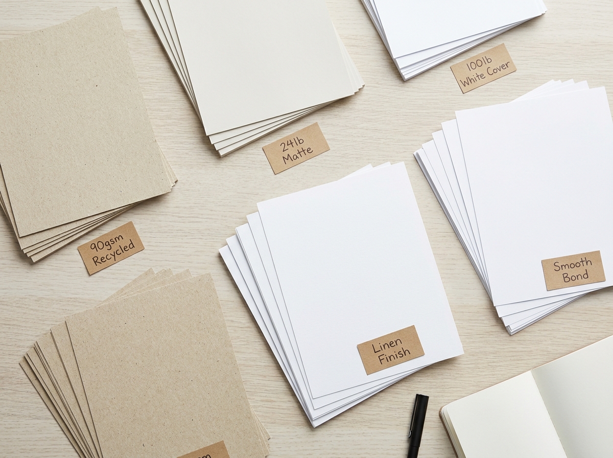Comparaison de différents types de papier de bureau en vue du dessus sur un bureau minimaliste