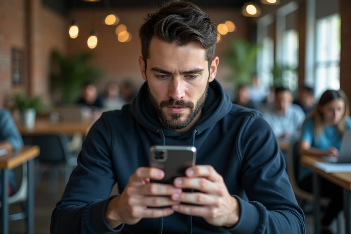 Homme consultant les formats d'image acceptés sur une interface d'upload mobile dans un espace de coworking