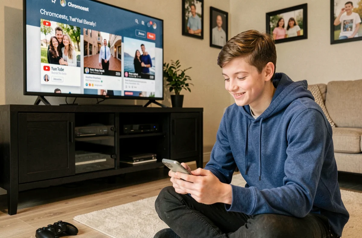 Adolescent utilisant un Chromecast pour diffuser une vidéo YouTube depuis son téléphone vers la télévision