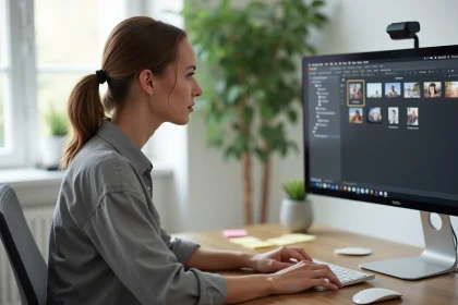 Femme vérifiant les limites de taille et formats d'images sur un écran d'ordinateur dans un bureau moderne