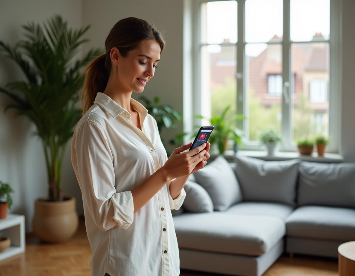 Femme vérifiant la carte de couverture fibre SFR sur son smartphone dans un salon moderne