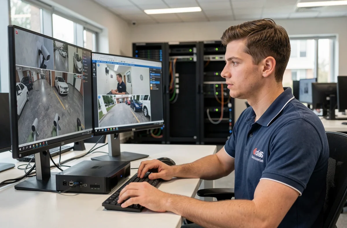 Technicien VFLIT configurant un enregistreur réseau pour un système de vidéosurveillance IP