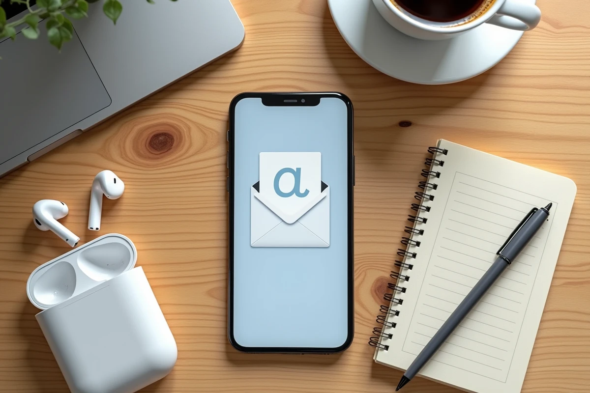 Vue aérienne d'un iPhone affichant un dossier de mails supprimés avec icône de pièce jointe