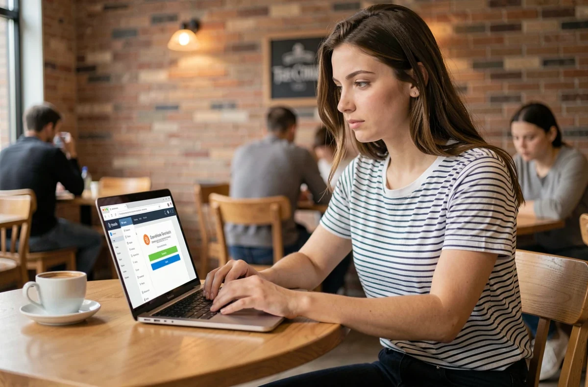 Jeune femme vérifiant l'accès sécurisé à la webmessagerie Versailles avec authentification double facteur dans un café