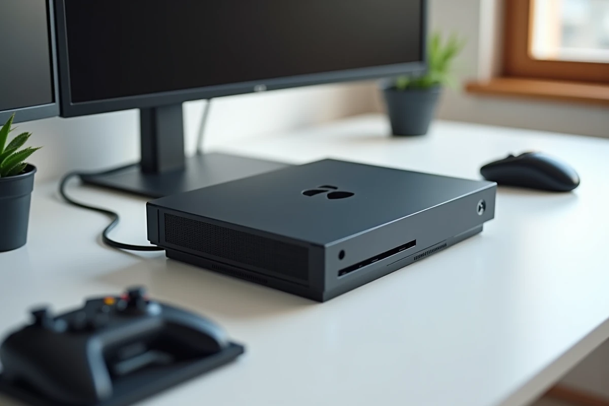 Gros plan de la nouvelle console Xbox posée sur un bureau avec manette et accessoires, design industriel 2026