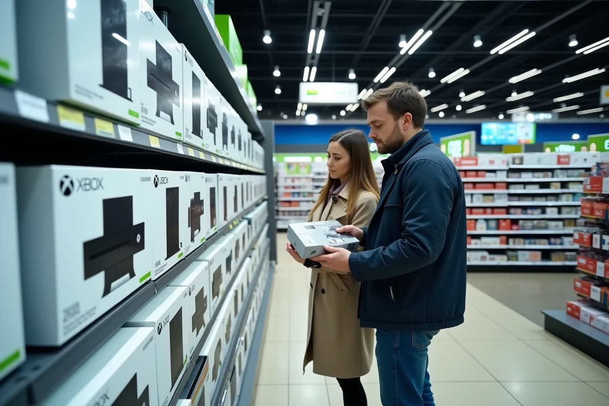 Rayons d'un magasin d'électronique présentant les nouvelles consoles Xbox en 2026 avec des clients en train de les examiner