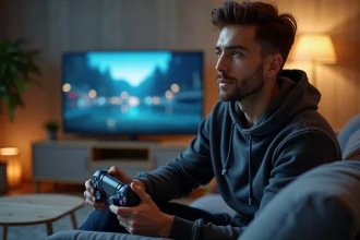 Jeune homme tenant une manette de console Xbox nouvelle génération dans un salon moderne en 2026